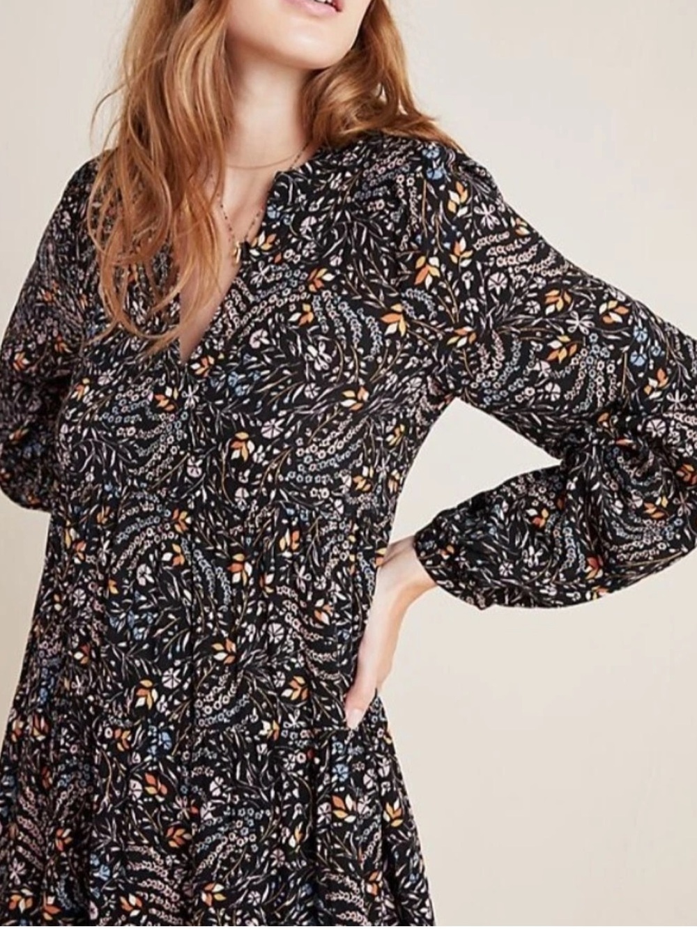 Anthropologie Maeve Amber Tiered Tunic Long Sleeve Floral Dress